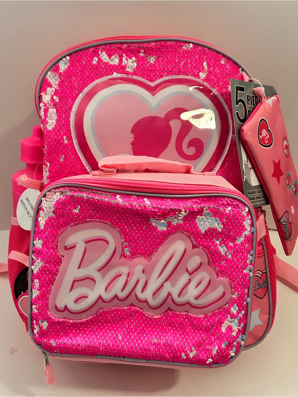 Barbie Pink Kids 5 piece Backpack with lunchbox, and water bottle NWT - Picture 10 of 12